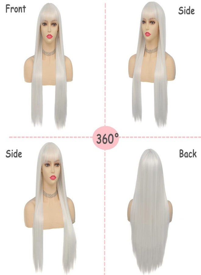 تسيسيس شعر مستعار أبيض طويل وناعم للنساء من تسيسيس، مع غرة مسطحة، مصنوع من شعر صناعي، مظهر طبيعي، مناسب للهالوين، مناسب للتنكر، للاستخدام اليومي، مع غطاء للشعر المستعار. - Image 3